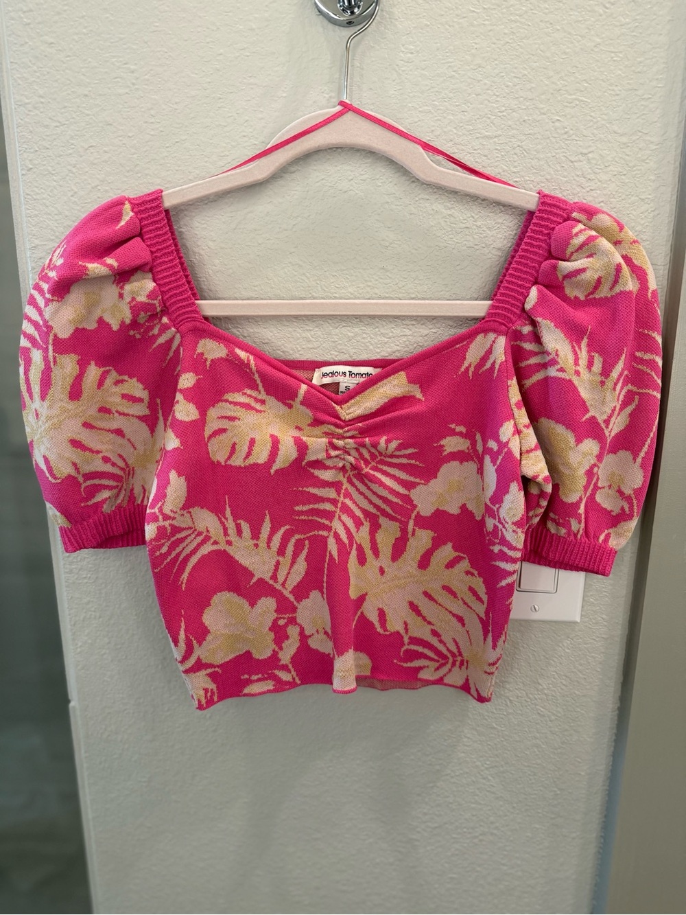 Madewell Pink and Cream Floral Puff-Sleeve Crop Top